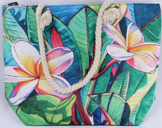Colourful Frangipani design carry bag with solid base, rope handles & zip top. Style: AL/4812